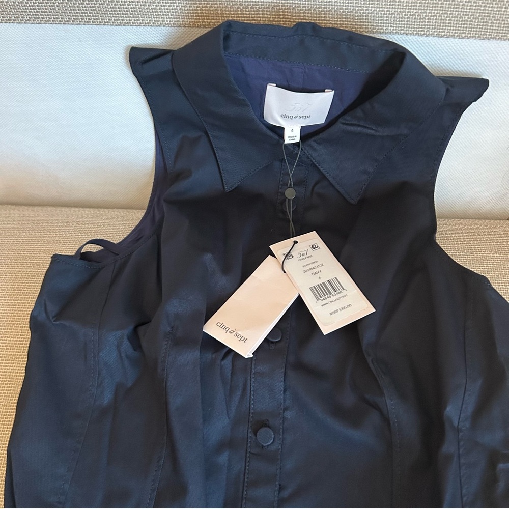 NWT Cinq a Sept Poppy Sleeveless Flared Mini Poplin Shirtdress - Navy Blue Sz4 - Picture 7 of 11